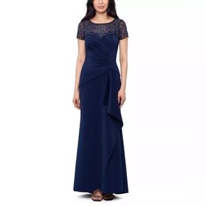 XSCAPE Gown Navy Blue Beaded Sequin Top Ruffled Ruched